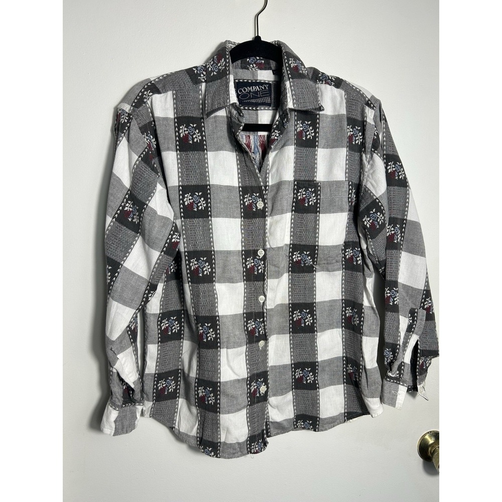 Company One Vintage 90s Plaid Floral Button Up Shirt Medium Cotton Made in India